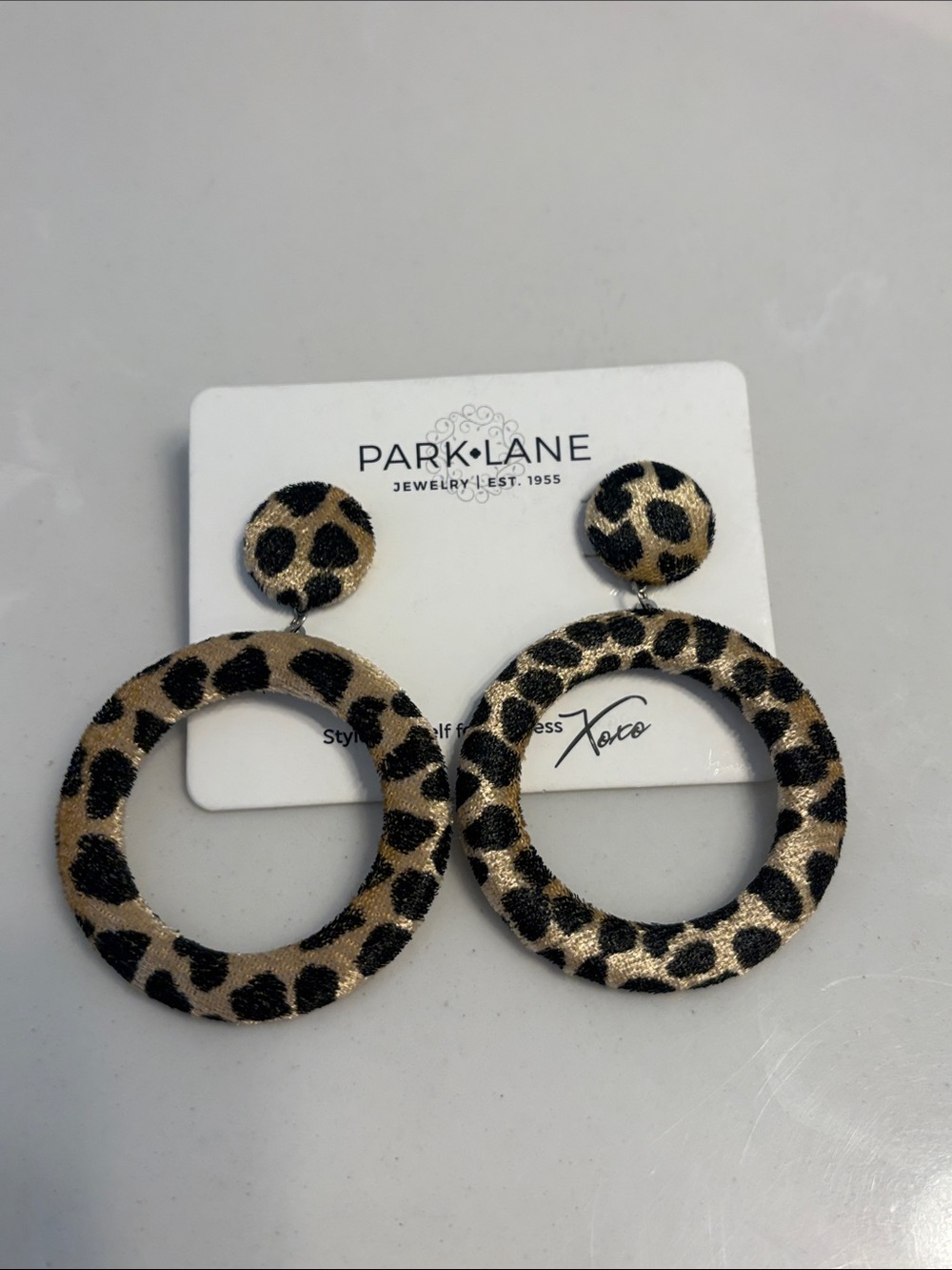 Park Lane Leopard Print Hoop Drop Earrings in Black and Tan